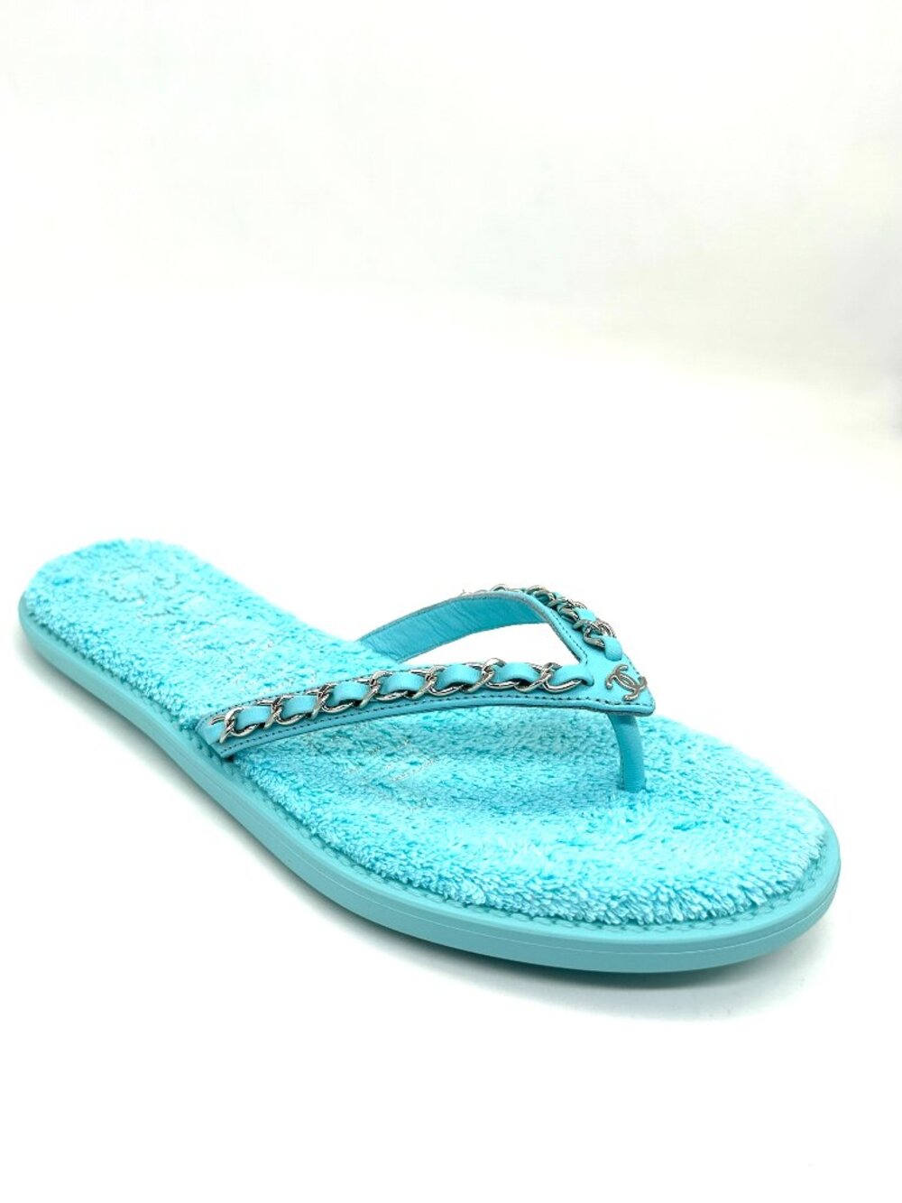 CHANEL 21S Leather Chain Terry Flip Flop Thong Flat Sandals Shoes - Picture 6 of 14